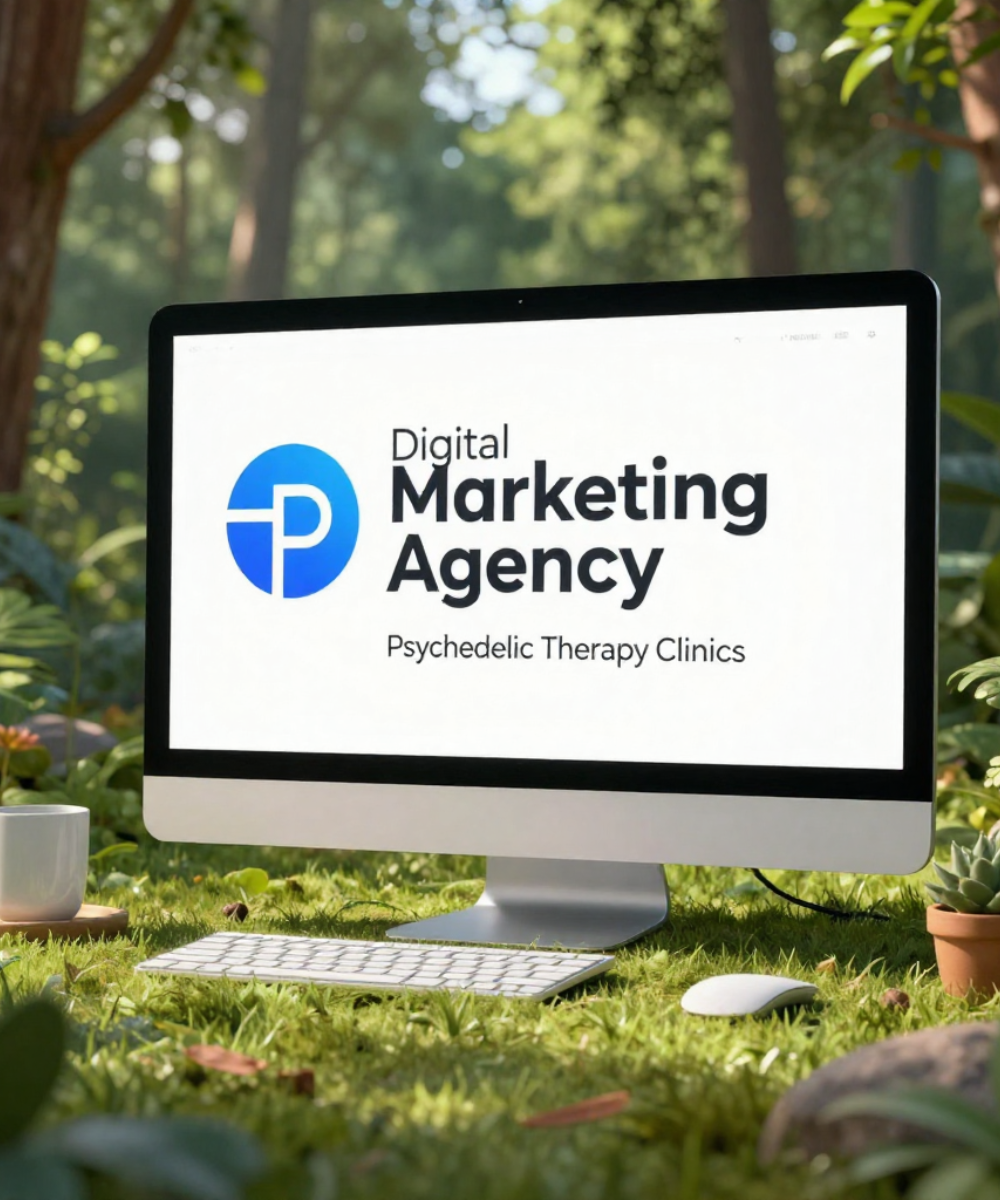 A patient and therapist in a calm, professionally designed psychedelic therapy clinic consultation room